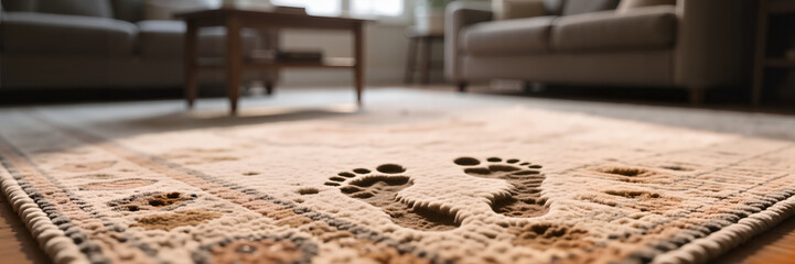 Stained rug with footprints in living room and soft natural light  