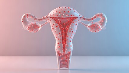 Female reproductive system with red dots illustrating a uterine infection or sexually transmitted disease concept. Gynecological health awareness.