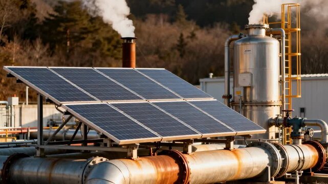 Medium shot capturing photovoltaic panels integrated into a geothermal plant optimizing renewable energy output.