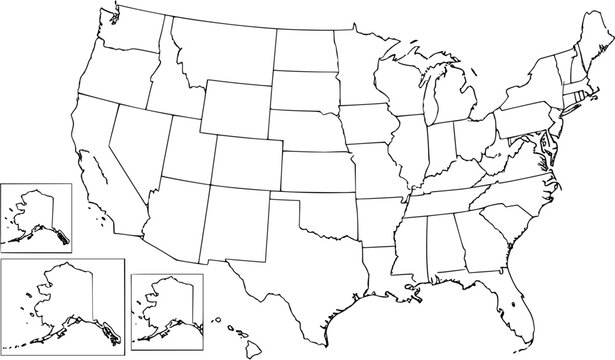 USA state Map and map outlines vector illustration, america map line drawings. Ideal for educational materials, travel content, graphic design projects. Detailed, accurately represented shapes