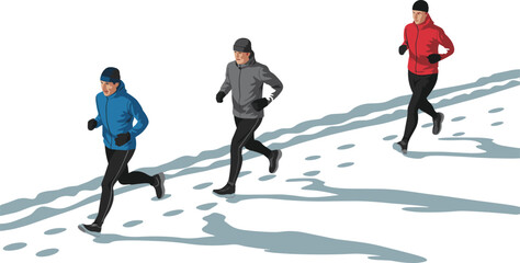 Winter running illustration, three athletes jogging in snow, cold weather fitness, outdoor training concept, active lifestyle artwork, endurance sports scene