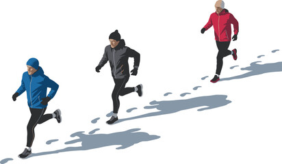 Winter running illustration, three athletes jogging in snow, cold weather fitness, outdoor training concept, active lifestyle artwork, endurance sports scene