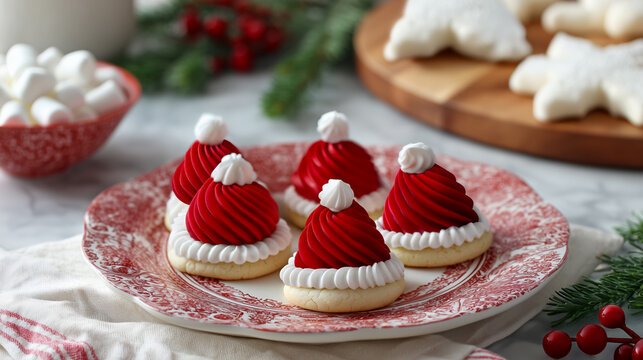 Christmas Santa hat cookies on vintage red plate with festive holiday background