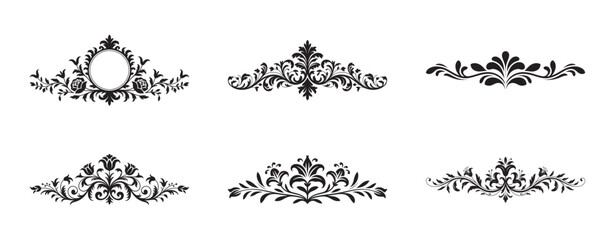 Set of ornate damask floral decorative border elements vector icons