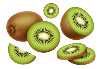 Fototapeta premium Fresh whole, half and sliced kiwi fruits on a transparent background, png