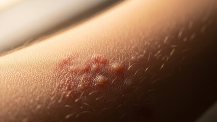 Blisters and red rash on caucasian man arm. Skin condition and allergy reaction. Medical health care concept for dermatology awareness.