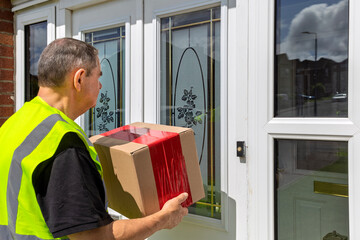 Delivery courier holding online shopping parcel at front door