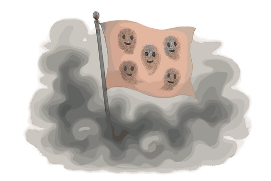 Flag with five faces on it is on a pole
