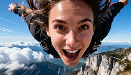 A joyful person enjoys extreme sports while soaring through the sky, surrounded by clouds and mountains, capturing the thrill of adventure.