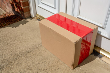 Delivered Cardboard Online Shopping Parcel Left on Doorstep of Suburban Home