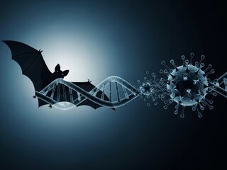 Bat with large wings on a twisted DNA Double Helix strand leading to virus cells, symbolizing zoonotic transmission and concept of origin of infectious disease epidemiology.