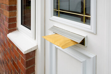 Padded Envelope Online Shopping Delivery Stuck in Letterbox of Modern Front Door