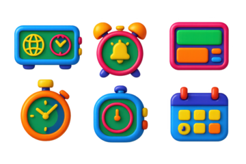 Set of colorful clocks and a bell are displayed on a white background