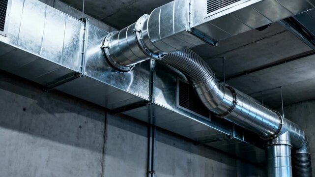 Medium frame of exposed HVAC ductwork being installed in an industrial environment highlighting metallic surfaces and ventilation layout