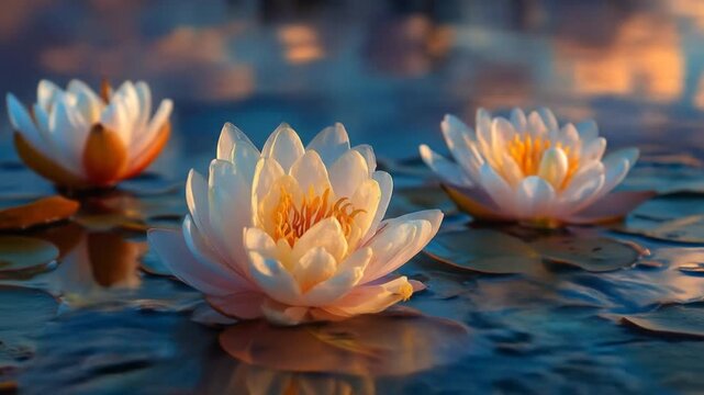 Three white lotus flowers floating on water at sunset