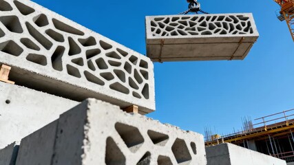 concrete elements being positioned by a crane at a construction site highlighting cuttingedge additive manufacturing for customizable building parts.