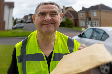 Distorted and Blurry Doorbell Camera Angle of Courier Presenting Padded Mailer