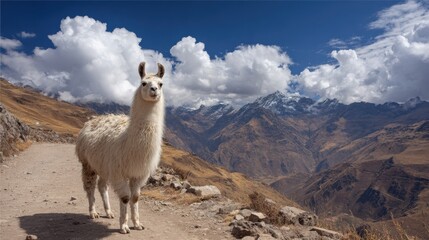 Obraz premium Llama Stands on a Mountain Path Overlooking the Andes With Clouds and Peaks in the Background of Peru