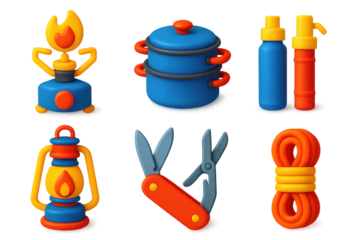 Set of six colorful plastic figures of camping gear, including a knife
