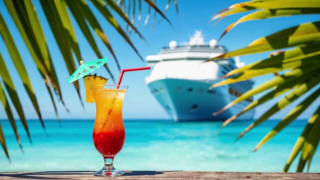 Tropical cocktail with cruise ship in turquoise ocean paradise