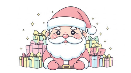 Cute cartoon illustration of santa claus surrounded by colorful wrapped gift boxes isolated on white background