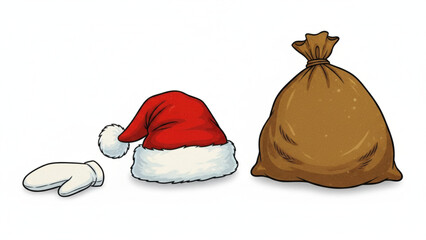 Santa claus hat, mitten, and gift sack illustration isolated on white background