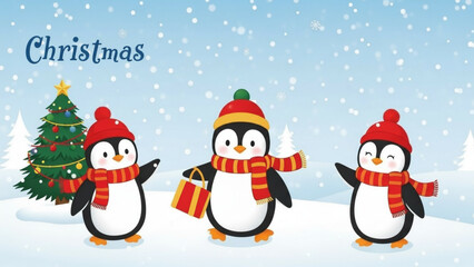 Three cute cartoon penguins wearing red hats and scarves celebrate christmas in snow