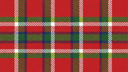Seamless pattern of red tartan plaid fabric texture with white, green, and brown line detail