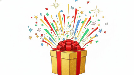 Yellow gift box with red ribbon exploding with colorful confetti and star shapes isolated on white background