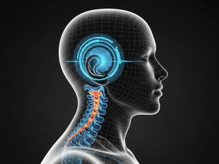 Medical 3D wireframe head of female with active hearing and glowing spine nerves, representing neuroscience or auditory health concept.