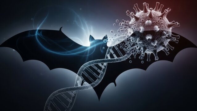 Bat with coronavirus and dna strand showing viral transmission and genetic origin. Medical science concept for pathogen research. - Powered by Adobe
