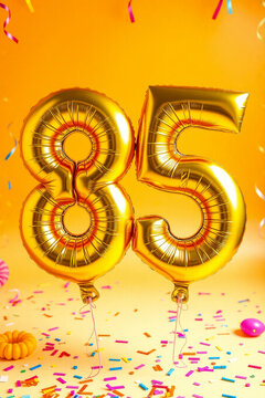 Birthday balloon number eighty five, golden letter figure 85 celebration background AI Generative