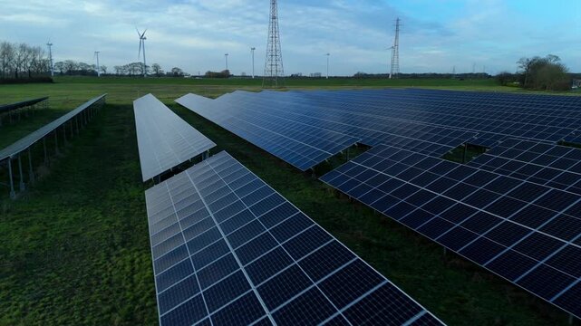 Drone footage flying close over solar panels at Sutton Bridge UK showing renewable electricity production, photovoltaic array, and industrial energy systems