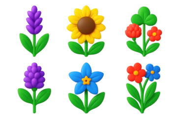 Set of six flower characters, each with a different color and shape