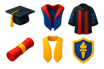 Set of graduation items including a cap, gown, and diploma