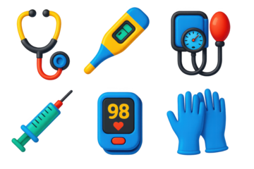 Set of medical icons including a stethoscope, thermometer, blood pressure cuff