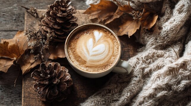 A cozy scene featuring a cup of coffee surrounded by autumn leaves and pine cones. - Powered by Adobe