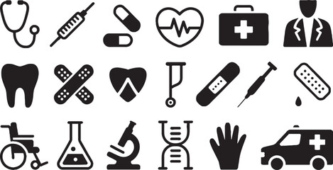 Fototapeta premium Medical and healthcare icons set stethoscope syringe