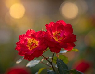 Two vibrant red and yellow flowers bathed in warm sunlight bokeh