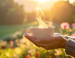 Warm sunlight bathes a hand holding a steaming white mug outside