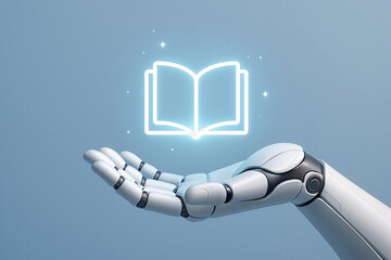 Futuristic robotic hand holding glowing book icon on blue background - AI education, digital learning and knowledge technology