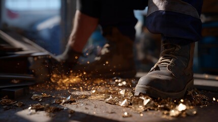 A mechanic sweeping debris from a garage floor after cutting metal components, sparks and shavings forming a textured mosaic beneath work boots — workshop environment, metal fabrication workflow,