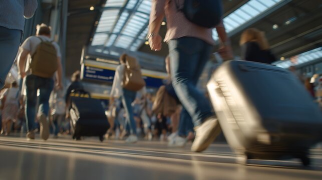 A bustling train station concourse during rush hour as travelers sprint to connecting platforms, suitcases rolling across polished floors — transportation hubs, time-sensitive travel, and dynamic - Powered by Adobe