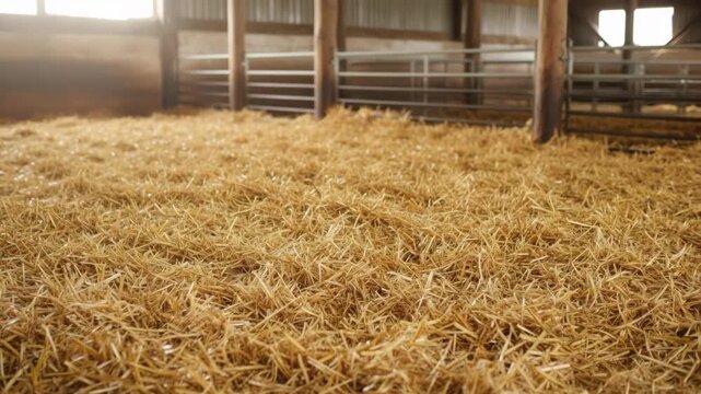 Medium shot showcasing thick straw bedding inside a lambing barn offering soft insulating comfort ideal for birthing ewes and lambs.