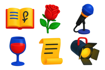 Set of icons for a book, microphone, wine glass, rose, and microphone