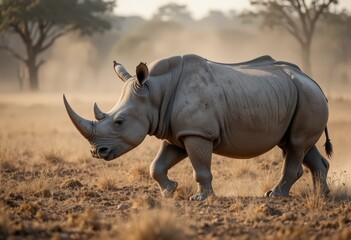 Obraz premium A powerful rhinoceros is captured mid-stride walking across the arid African savanna during the golden hour.