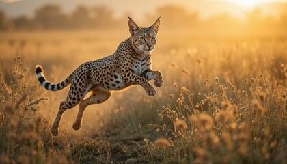 A powerful spotted wild cat, possibly a serval or caracal hybrid, is captured mid-air during a dynamic leap across the African savanna.