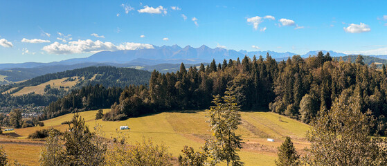 Majestic Tatra Mountain Range Behind Forested Field Under Clear Blue Sky at Sunset