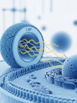 Lnp or lipid nanoparticle delivering mRNA into a cell. Gene therapy concept. Innovation in vaccine development and medical treatment.