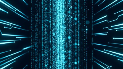 Cyan glowing data particles fall in a futuristic matrix stream, forming a sleek cyber tech background.
